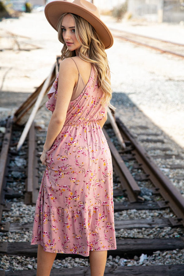 Rose Floral Halter Ruffle Hem Pocketed Midi Dress - Coeur de la Mode