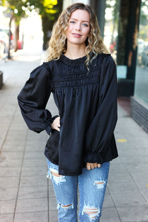 Be Your Best Black Satin Shirred Yoke Frilled Mock Neck Top - Coeur de la Mode