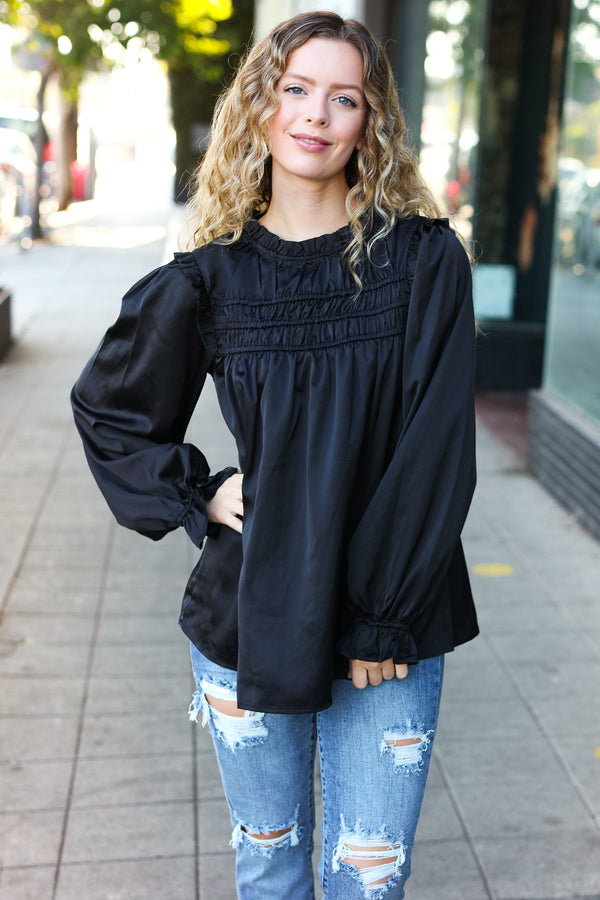 Be Your Best Black Satin Shirred Yoke Frilled Mock Neck Top - Coeur de la Mode