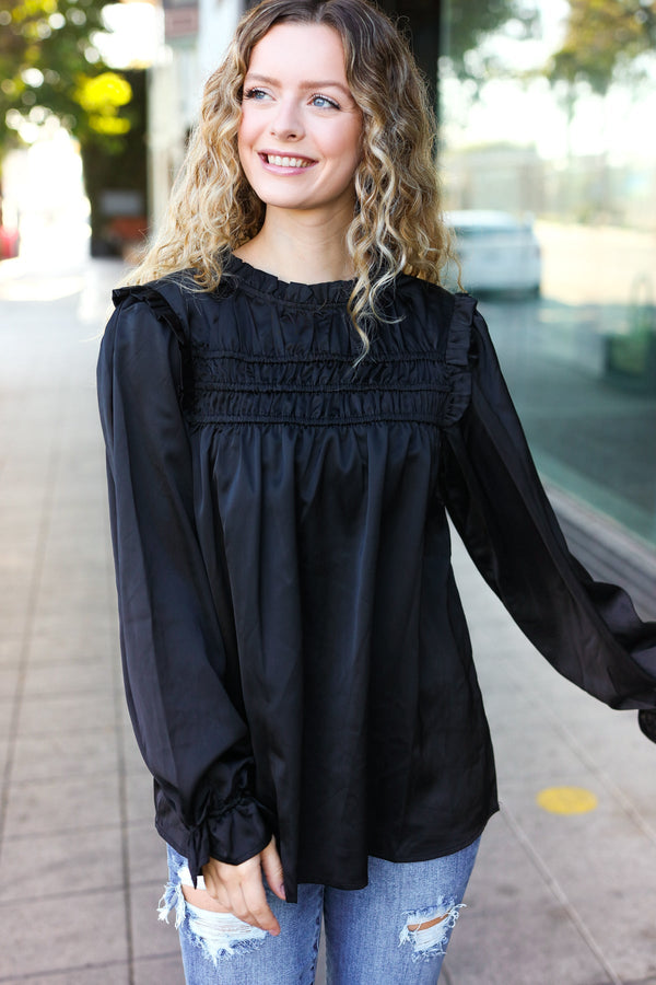 Be Your Best Black Satin Shirred Yoke Frilled Mock Neck Top - Coeur de la Mode