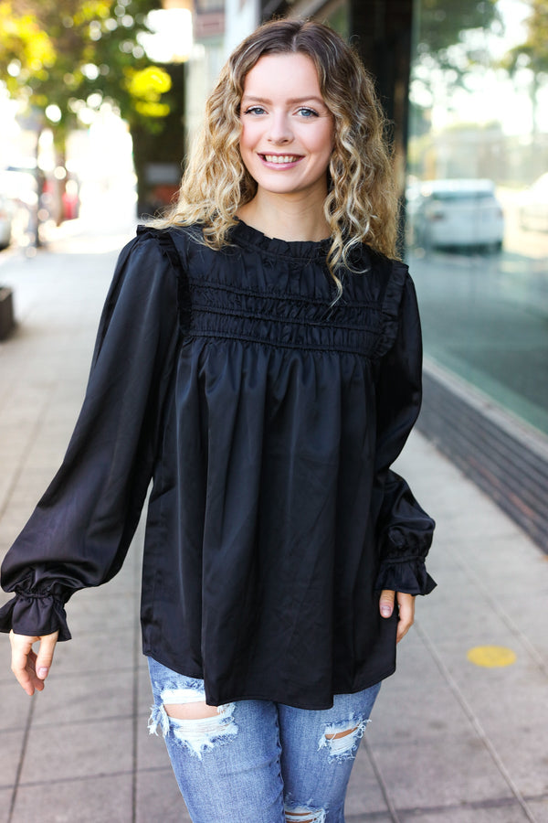 Be Your Best Black Satin Shirred Yoke Frilled Mock Neck Top - Coeur de la Mode