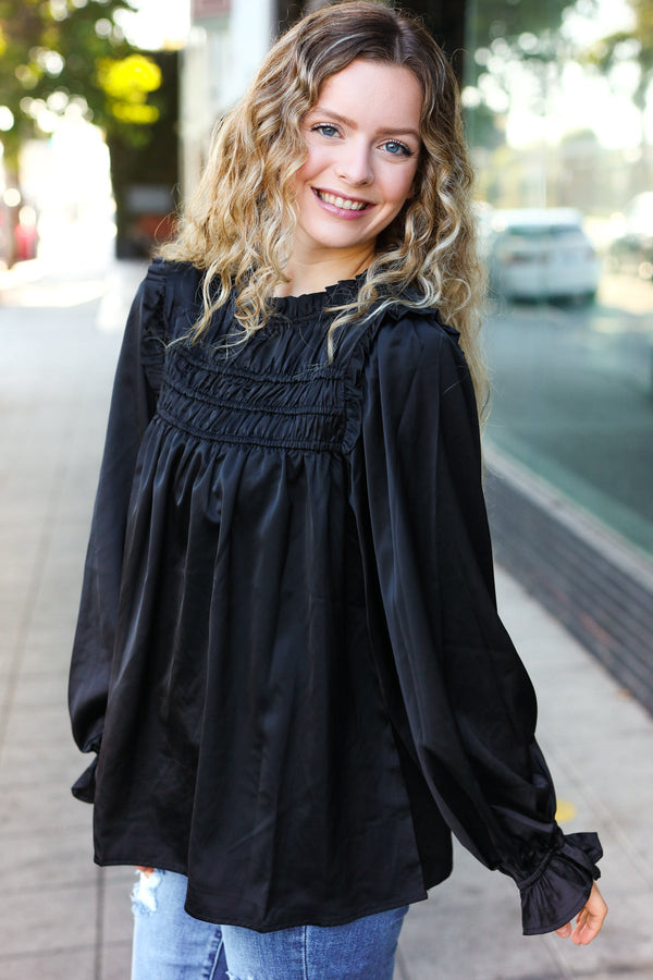 Be Your Best Black Satin Shirred Yoke Frilled Mock Neck Top - Coeur de la Mode