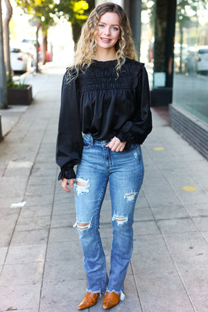 Be Your Best Black Satin Shirred Yoke Frilled Mock Neck Top - Coeur de la Mode