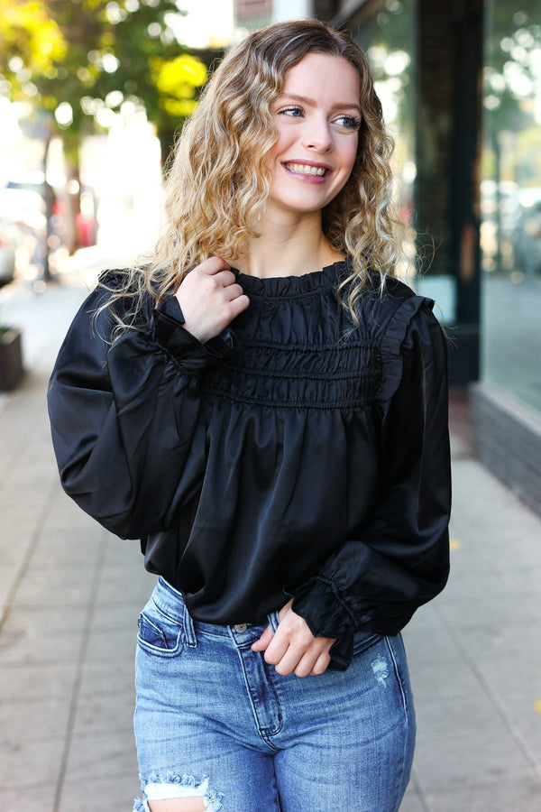Be Your Best Black Satin Shirred Yoke Frilled Mock Neck Top - Coeur de la Mode