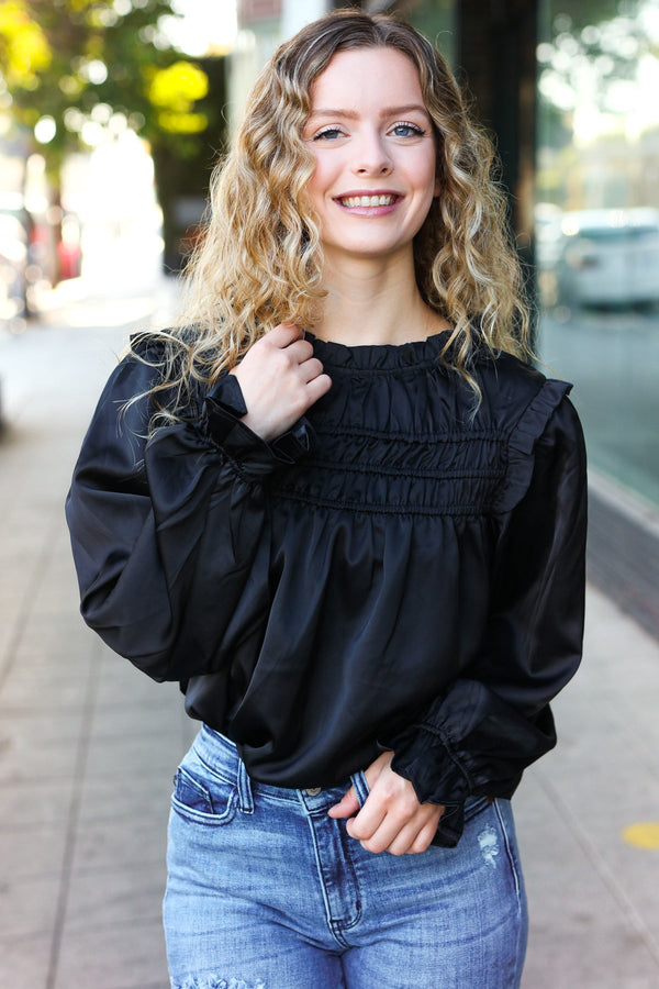 Be Your Best Black Satin Shirred Yoke Frilled Mock Neck Top - Coeur de la Mode