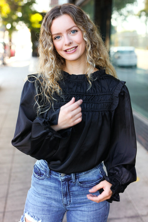 Be Your Best Black Satin Shirred Yoke Frilled Mock Neck Top - Coeur de la Mode