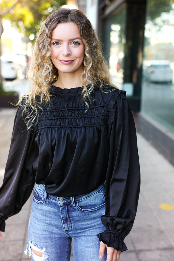 Be Your Best Black Satin Shirred Yoke Frilled Mock Neck Top - Coeur de la Mode