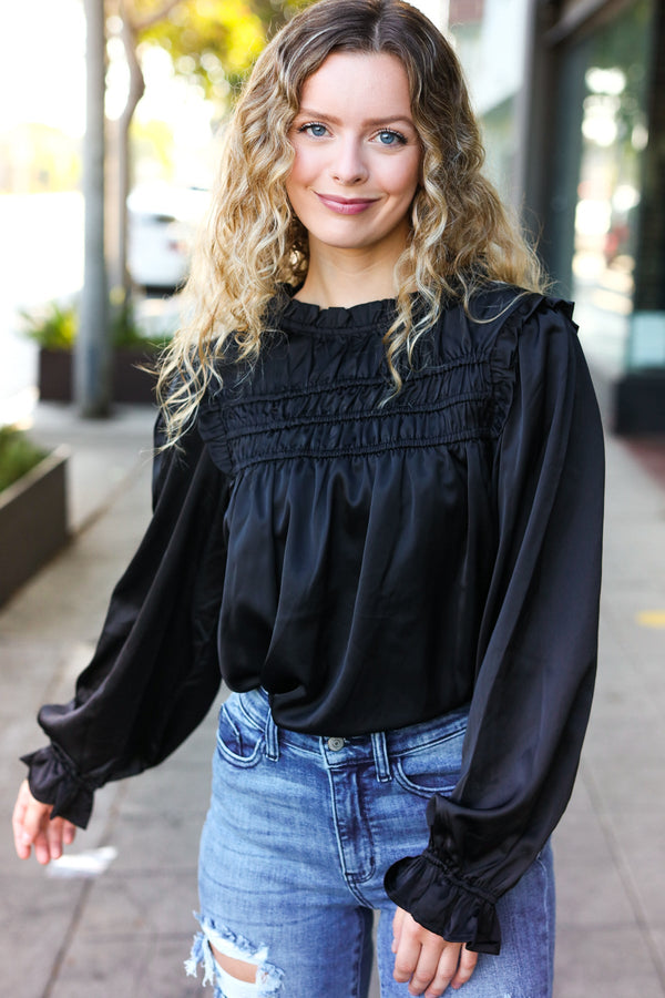 Be Your Best Black Satin Shirred Yoke Frilled Mock Neck Top - Coeur de la Mode