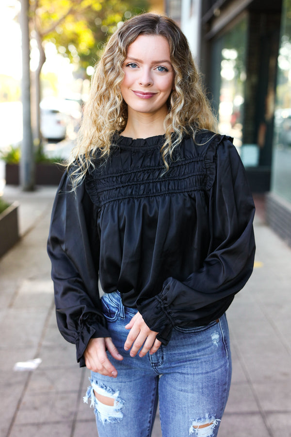 Be Your Best Black Satin Shirred Yoke Frilled Mock Neck Top - Coeur de la Mode