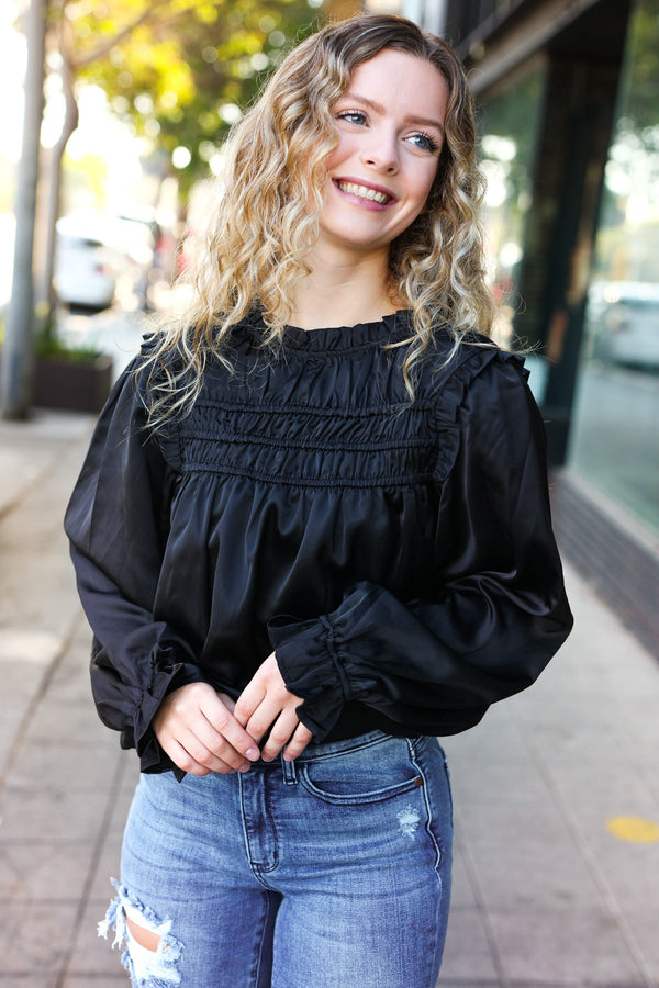 Be Your Best Black Satin Shirred Yoke Frilled Mock Neck Top - Coeur de la Mode
