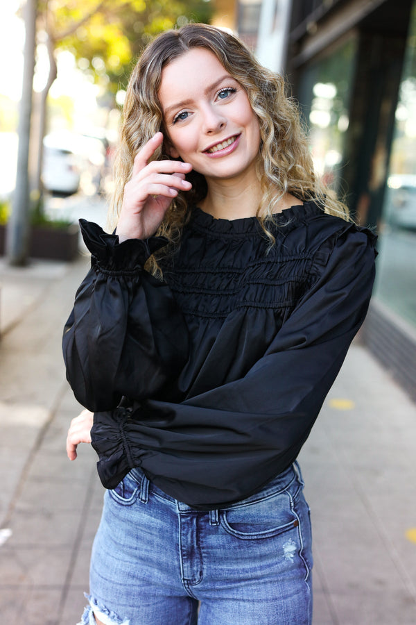 Be Your Best Black Satin Shirred Yoke Frilled Mock Neck Top - Coeur de la Mode