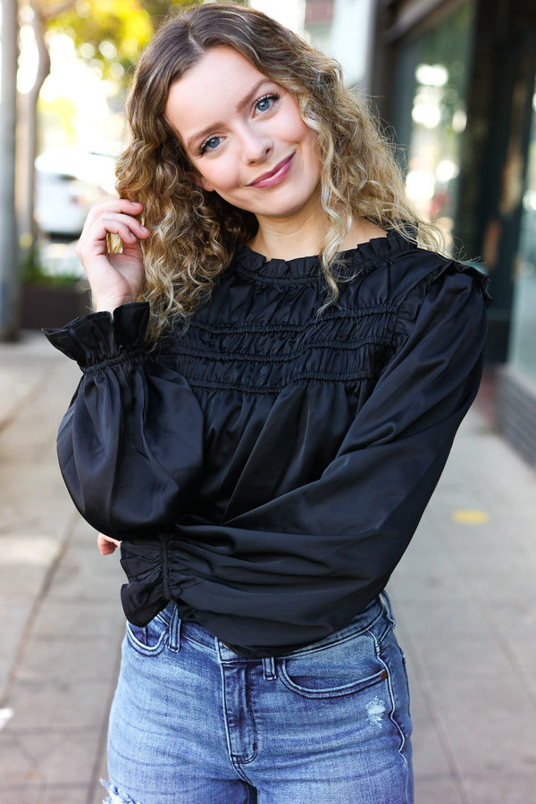 Be Your Best Black Satin Shirred Yoke Frilled Mock Neck Top - Coeur de la Mode