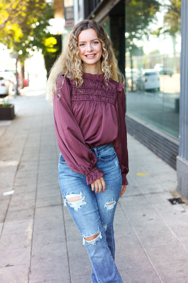Be Your Best Wine Satin Shirred Yoke Frilled Mock Neck Top - Coeur de la Mode