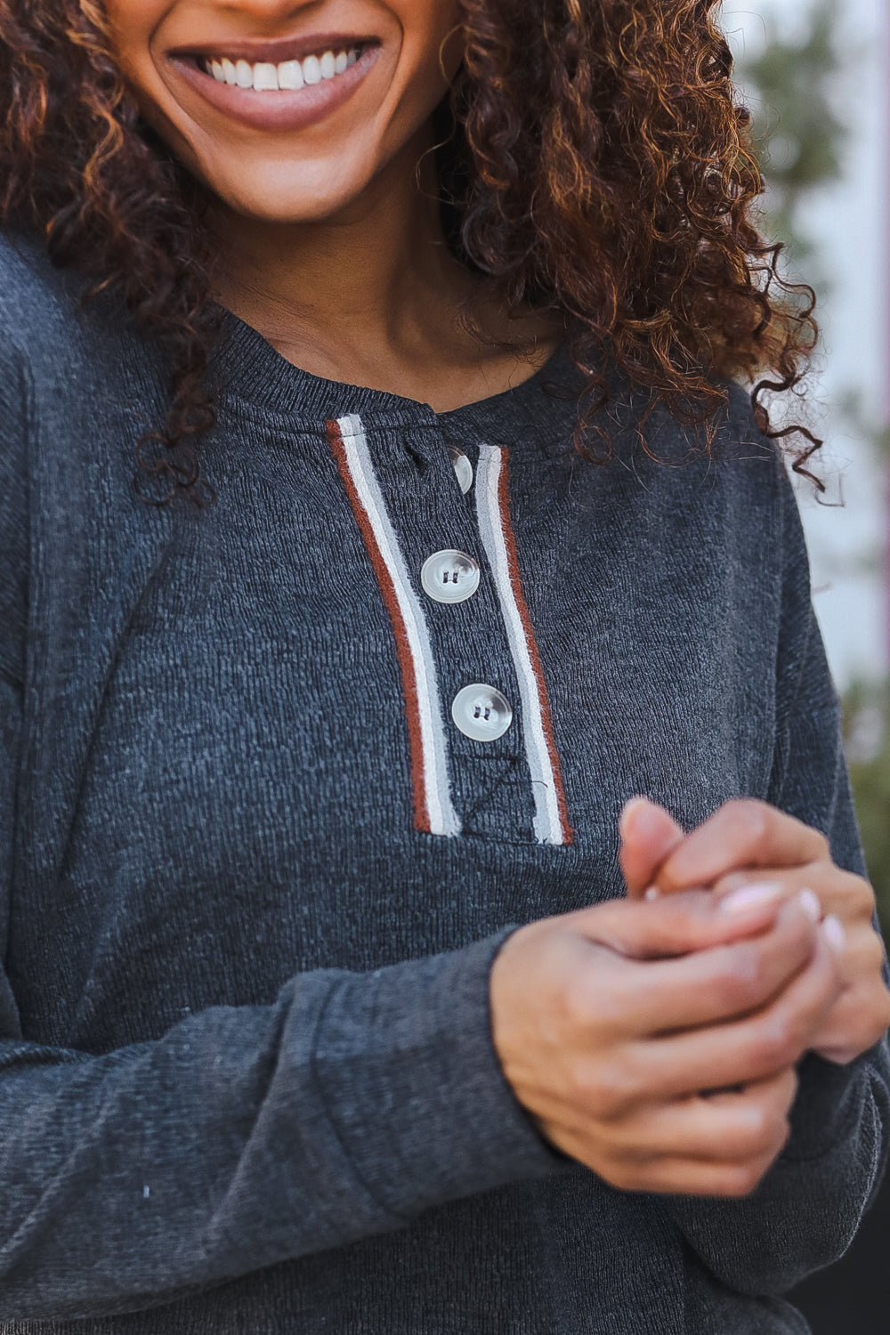 Casual Days Grey Ribbed Knit Button Down Henley Pullover