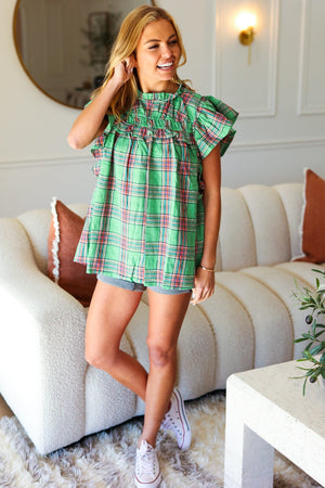 Live For Today Green Plaid Shirred Yoke Flutter Sleeve Top - Coeur de la Mode