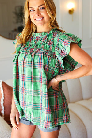 Live For Today Green Plaid Shirred Yoke Flutter Sleeve Top - Coeur de la Mode