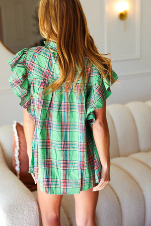 Live For Today Green Plaid Shirred Yoke Flutter Sleeve Top - Coeur de la Mode