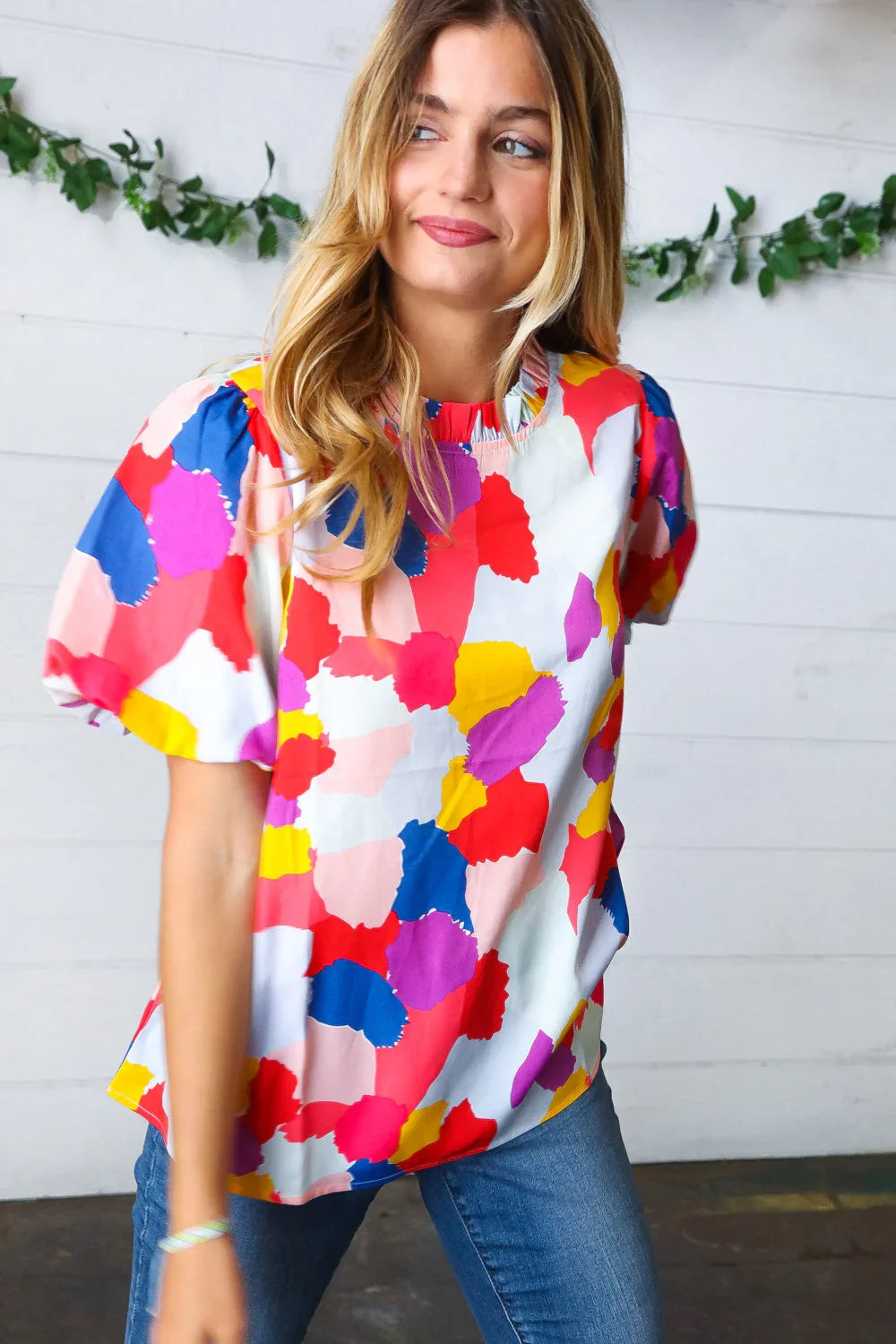 Multicolor Print Frilled Mock Neck Puff Sleeve Top - Coeur de la Mode