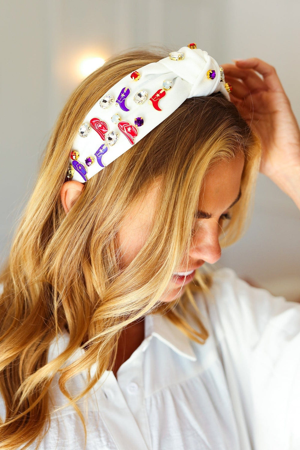 Red White & Blue Gem Cowboy Embellished Top Knot Headband - Coeur de la Mode