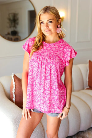 Look Of Love Fuchsia Floral Yoke Ruffle Short Sleeve Top - Coeur de la Mode