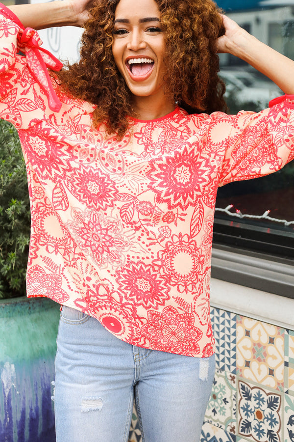 Be Bold Red & Coral Floral Long Sleeve Bow Tie Contrast Binding Top - Coeur de la Mode