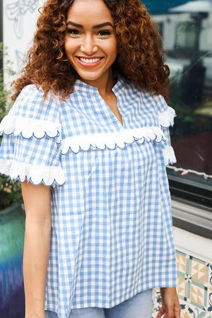 Lost In Love Cotton Blue Gingham Shirred Mock Neck Top - Coeur de la Mode