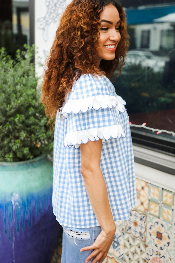Lost In Love Cotton Blue Gingham Shirred Mock Neck Top - Coeur de la Mode