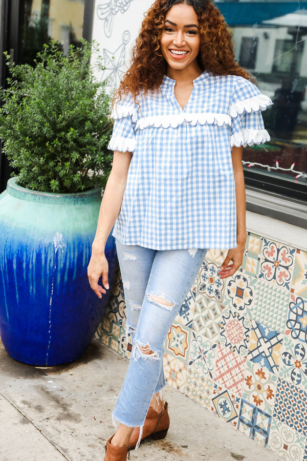 Lost In Love Cotton Blue Gingham Shirred Mock Neck Top - Coeur de la Mode