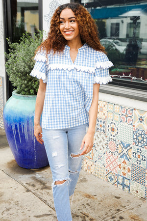 Lost In Love Cotton Blue Gingham Shirred Mock Neck Top - Coeur de la Mode