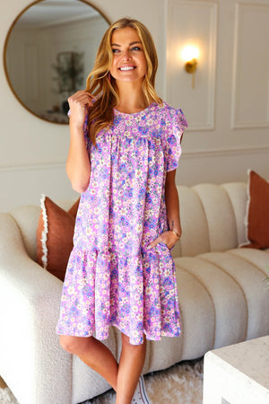 Spring Lilac Floral Tiered Ruffle Sleeve Woven Dress - Coeur de la Mode