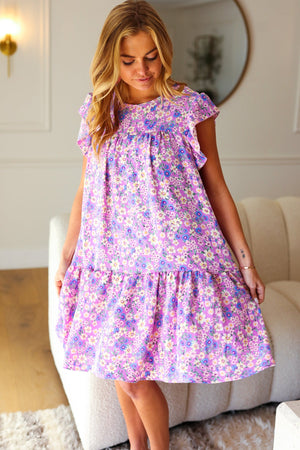 Spring Lilac Floral Tiered Ruffle Sleeve Woven Dress - Coeur de la Mode