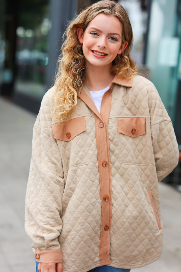 Eyes On You Taupe Quilted Knit Button Down Shacket - Coeur de la Mode