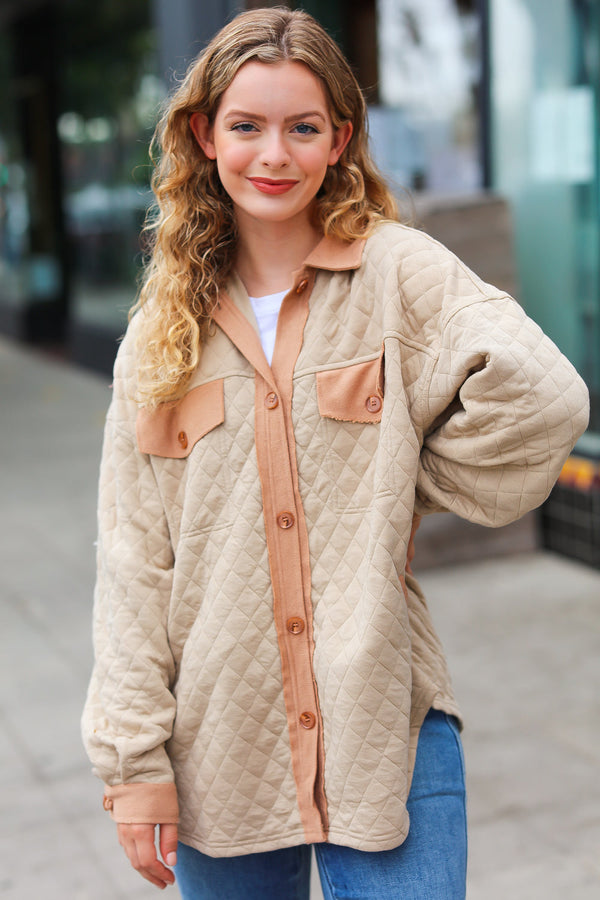 Eyes On You Taupe Quilted Knit Button Down Shacket - Coeur de la Mode