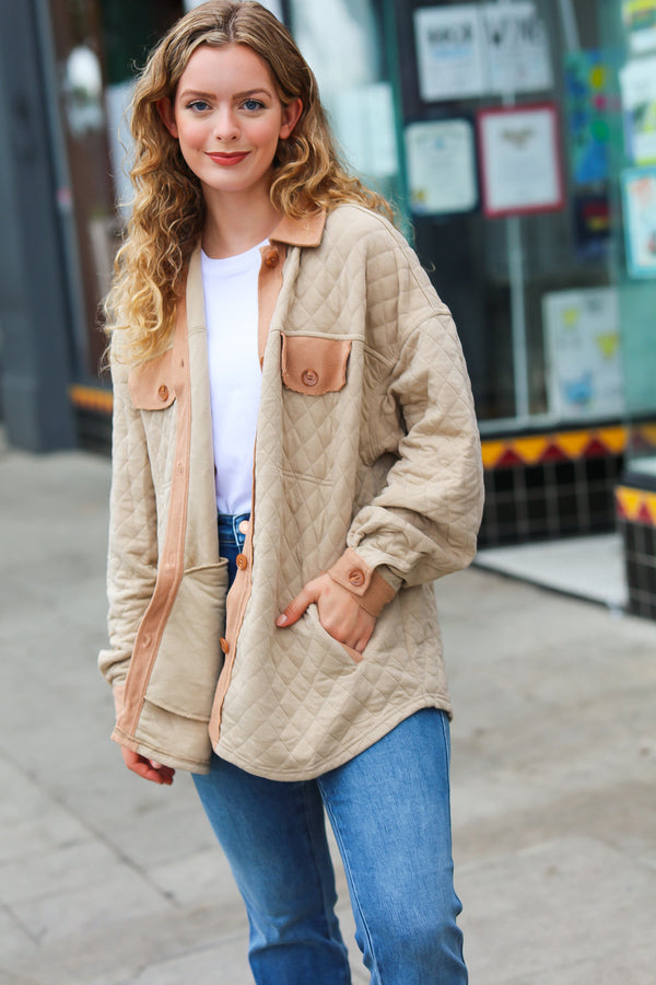 Eyes On You Taupe Quilted Knit Button Down Shacket - Coeur de la Mode