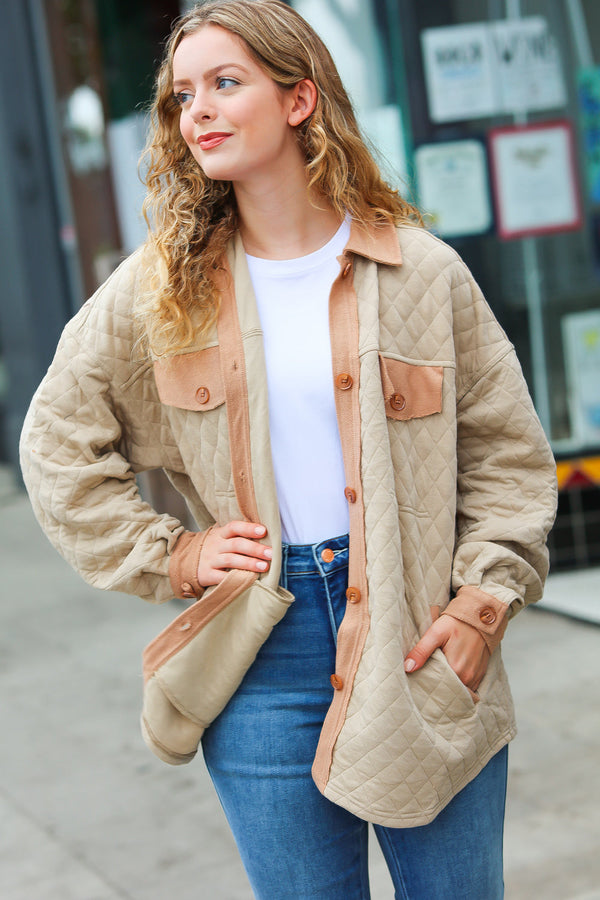 Eyes On You Taupe Quilted Knit Button Down Shacket - Coeur de la Mode