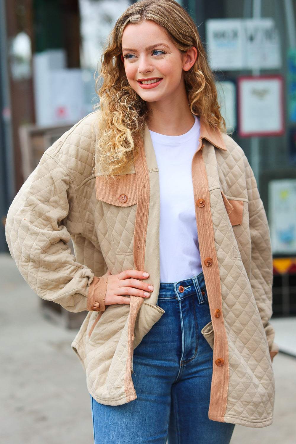 Eyes On You Taupe Quilted Knit Button Down Shacket - Coeur de la Mode