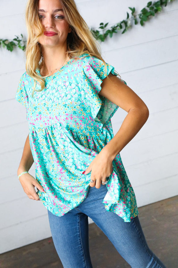Turquoise Floral Stripe Babydoll Top - Coeur de la Mode