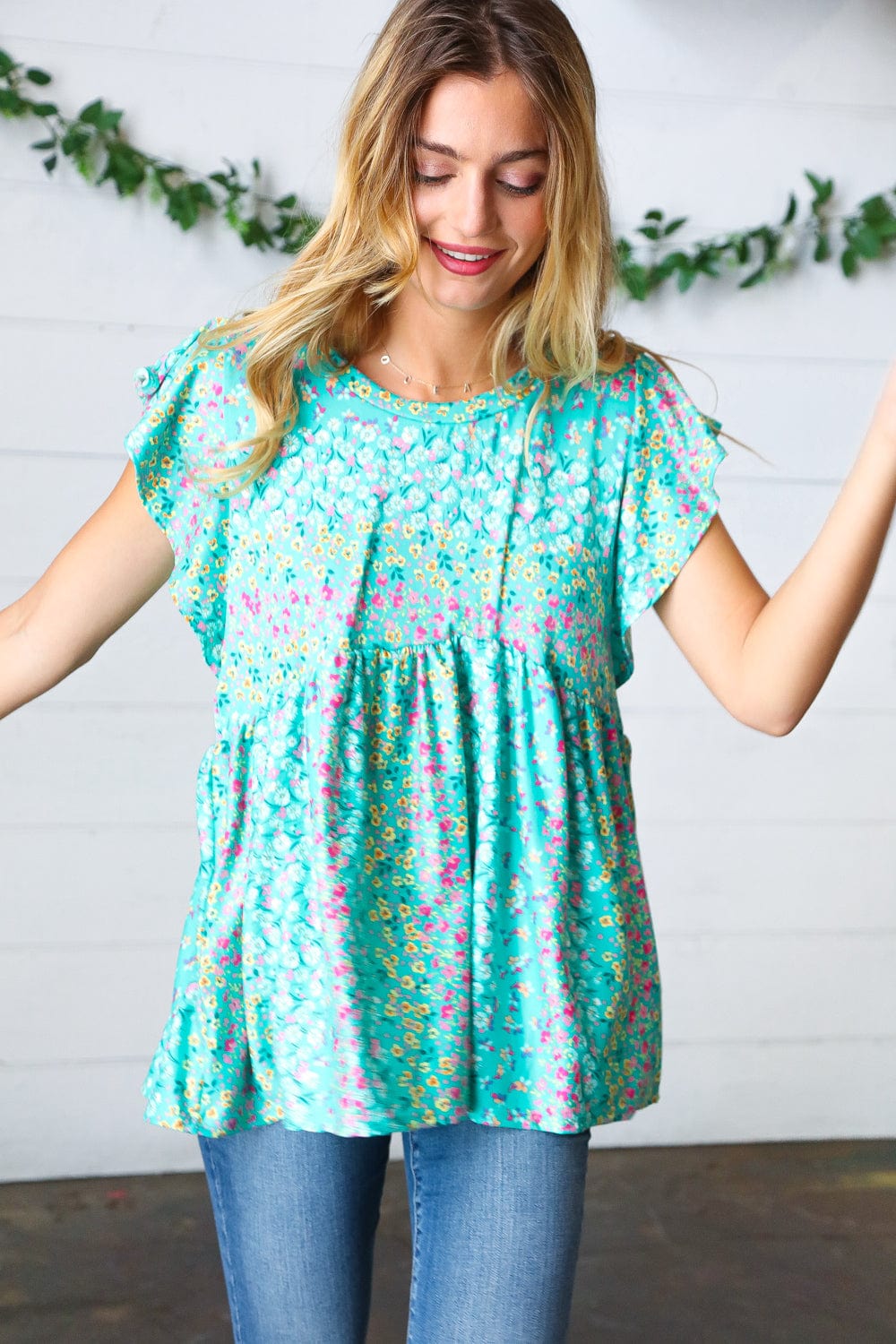 Turquoise Floral Stripe Babydoll Top