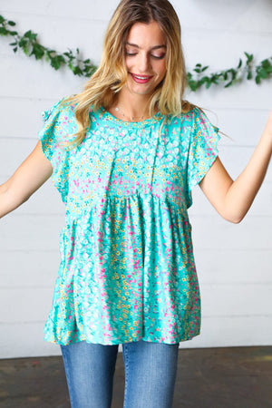 Turquoise Floral Stripe Babydoll Top - Coeur de la Mode