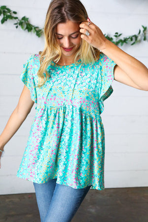 Turquoise Floral Stripe Babydoll Top - Coeur de la Mode