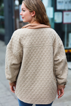 Eyes On You Taupe Quilted Knit Button Down Shacket - Coeur de la Mode
