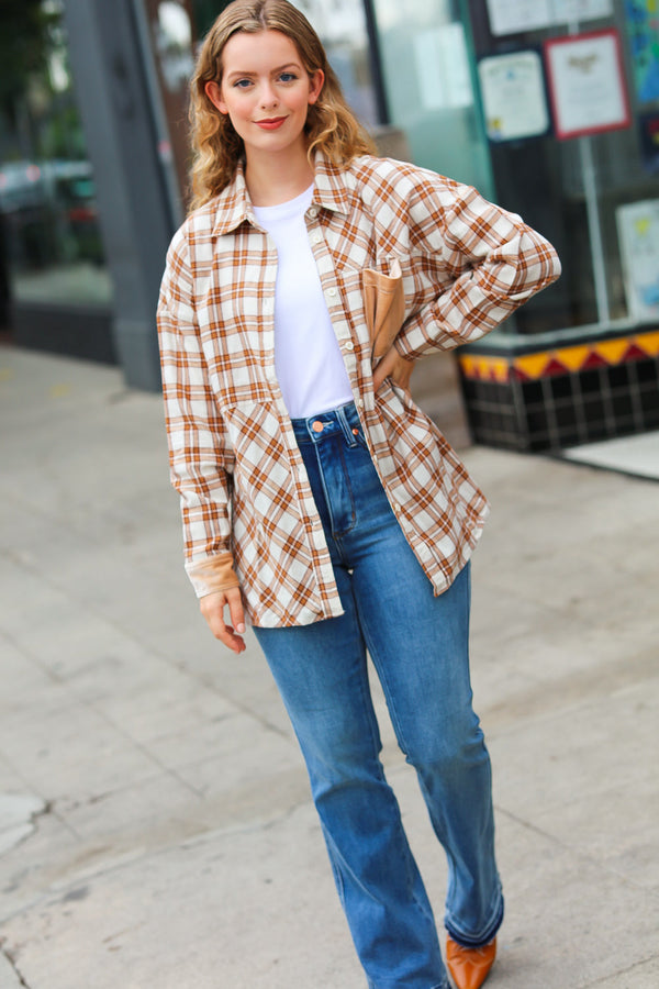 Taupe Plaid Velvet Pocket Button Down Top - Coeur de la Mode