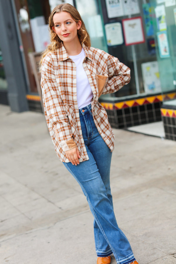 Taupe Plaid Velvet Pocket Button Down Top - Coeur de la Mode