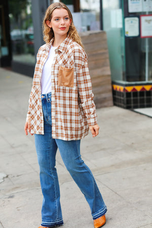 Taupe Plaid Velvet Pocket Button Down Top - Coeur de la Mode