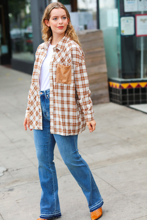 Taupe Plaid Velvet Pocket Button Down Top - Coeur de la Mode