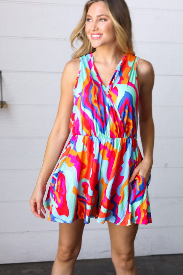 Vibrant Multicolor Abstract Sleeveless Surplice Romper - Coeur de la Mode