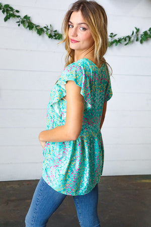 Turquoise Floral Stripe Babydoll Top - Coeur de la Mode