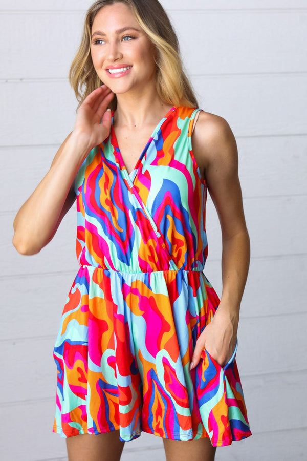 Vibrant Multicolor Abstract Sleeveless Surplice Romper - Coeur de la Mode