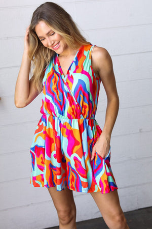 Vibrant Multicolor Abstract Sleeveless Surplice Romper - Coeur de la Mode