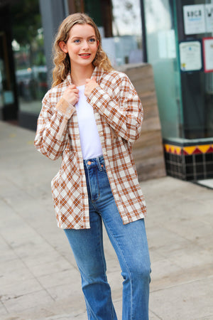 Taupe Plaid Velvet Pocket Button Down Top - Coeur de la Mode